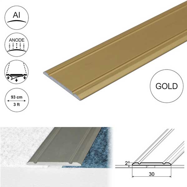 30mm Wide Aluminium Flat Door Threshold Self Adhesive For Wooden, Laminate, Carpet Vinyl Flooring