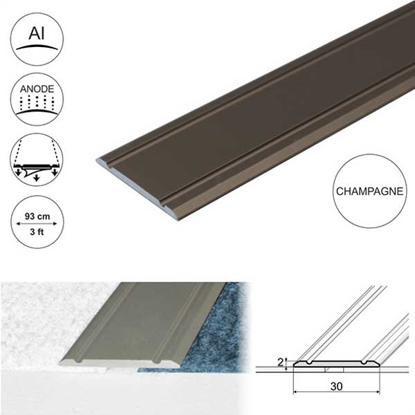 30mm Wide Aluminium Flat Door Threshold Self Adhesive For Wooden, Laminate, Carpet Vinyl Flooring