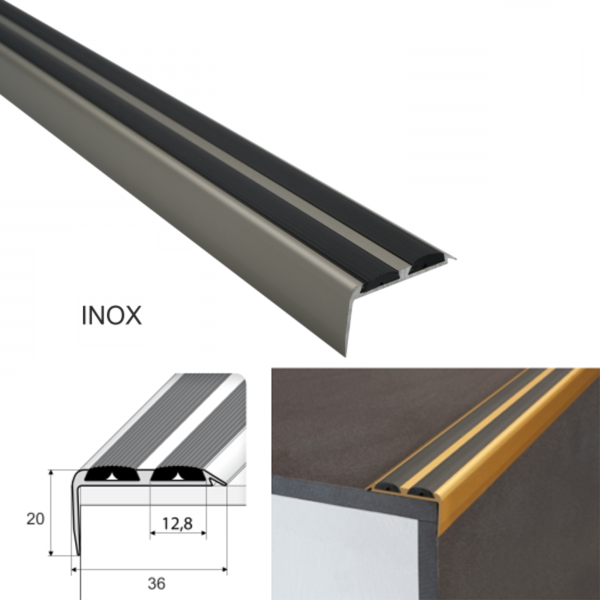 36mm x 20mm Aluminium Stair Nosing Edge Trim With Rubber Inserts