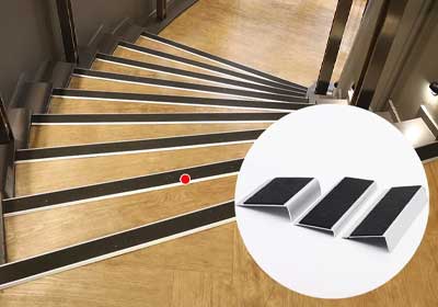 Close-up of external stair nosing providing slip resistance outdoors