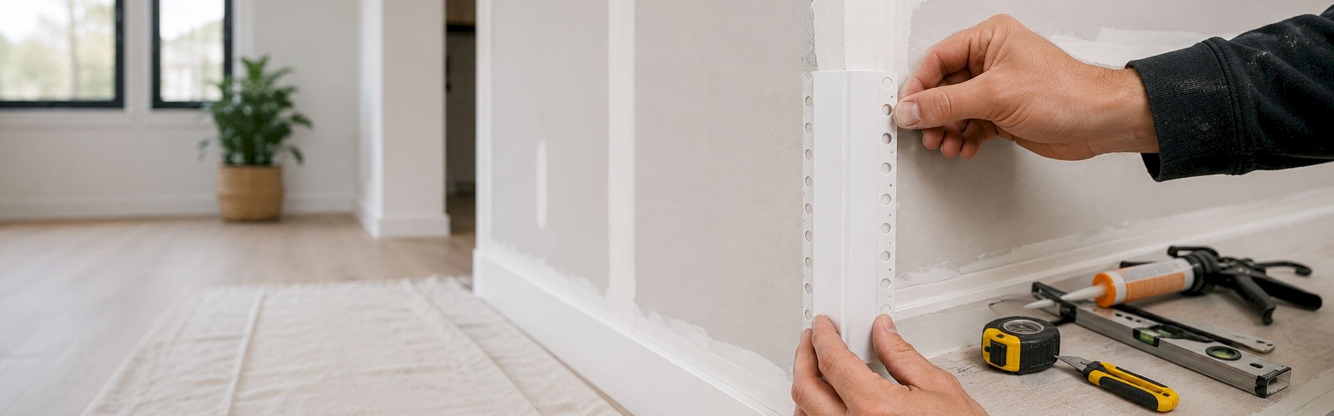 Step-by-step installation of wall corner protectors on plasterboard walls in a residential interior