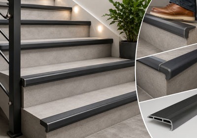Black stair nosing profile on steps with detailed product insets.