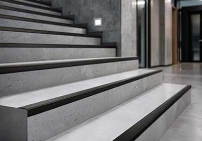 Modern office staircase upgraded with PVC hard stair nosing for safety and durability